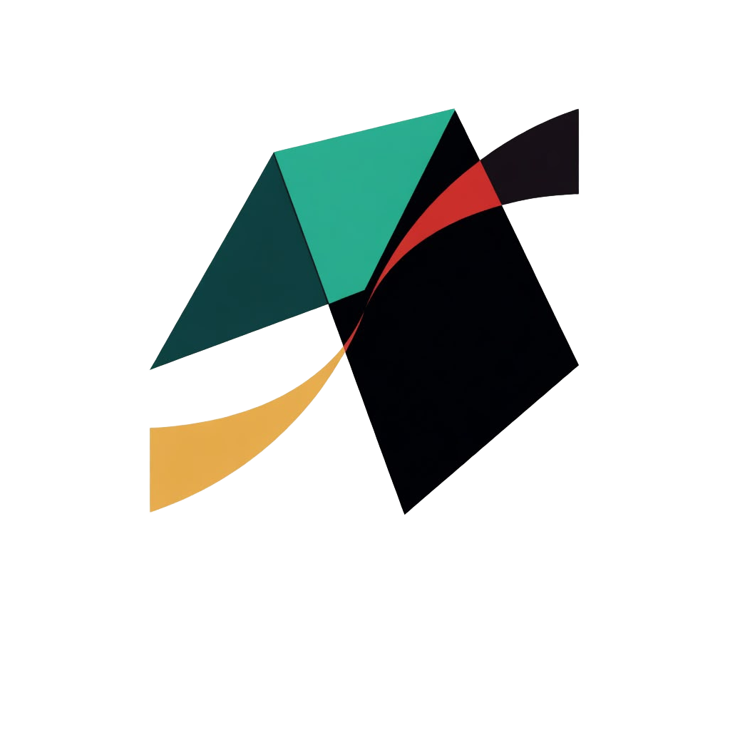 Abstraktes FiNe-Logo in Türkis, Schwarz, Rot und Gold
